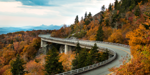 A view of Blue Ridge Parkway's winding road during fall