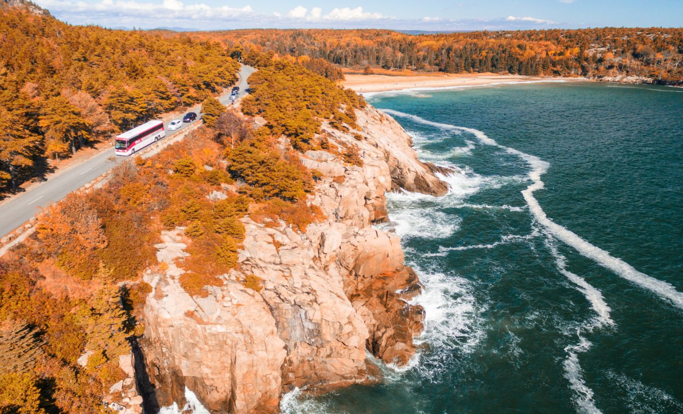 a coastline with yellow trees and blue water in acadia national park