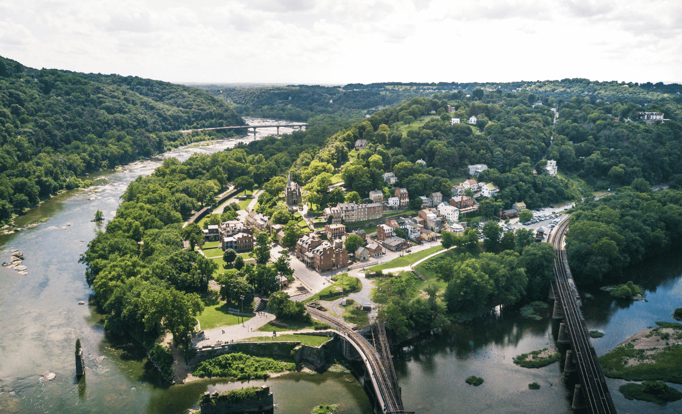 An aerial shot of harpers ferry virginia. 