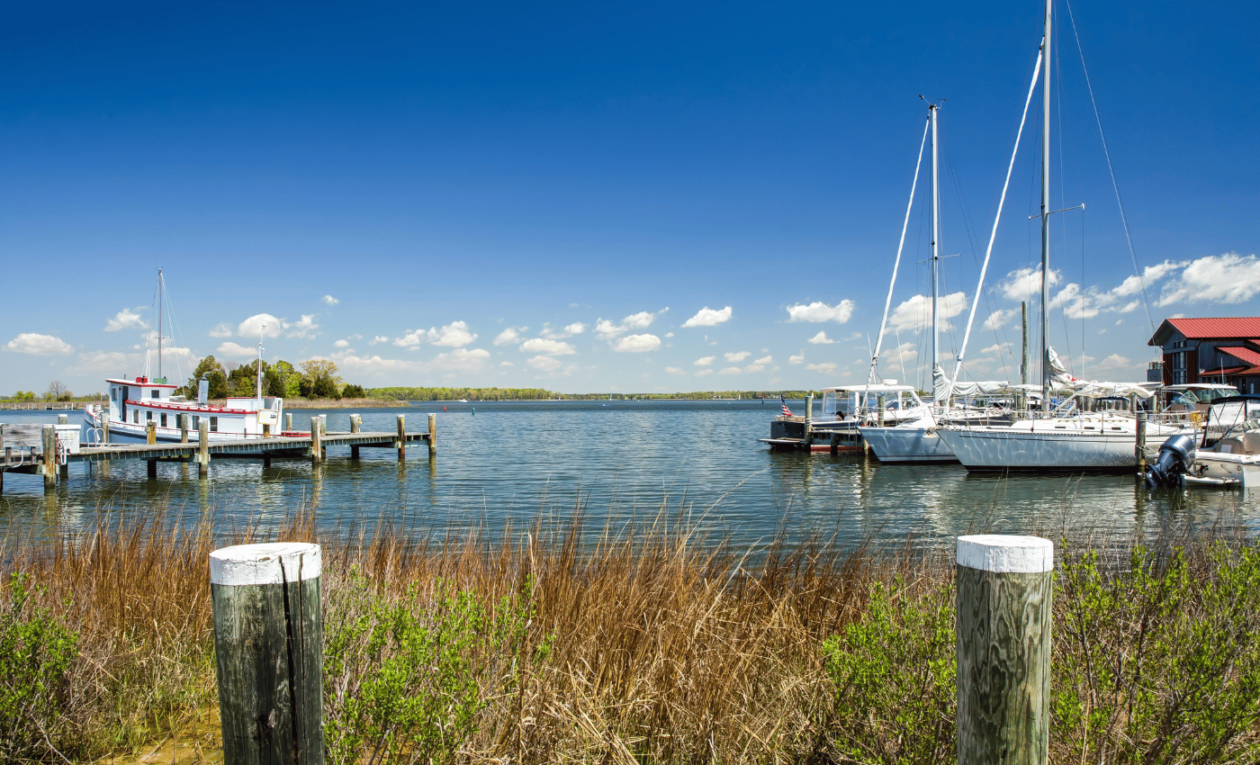 St Michaels maryland harbor with boats docked. 